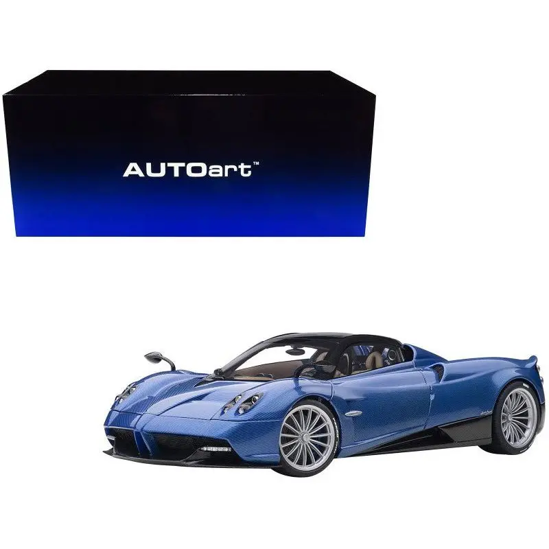 Pagani Huayra Roadster Blue Tricolore Carbon Fiber with Black Top with Luggage Set 1/18 Model Car by Autoart