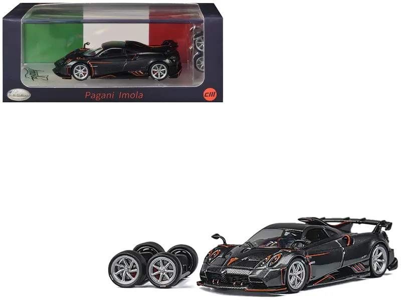 Pagani Imola Dark Gray Metallic with Carbon and Orange Accents with Extra Wheels 1/64 Diecast Model Car by CM Model