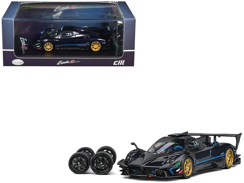 Pagani Zonda Revolucion Dark Blue Metallic and Carbon with Extra Wheels 1/64 Diecast Model Car by CM Model