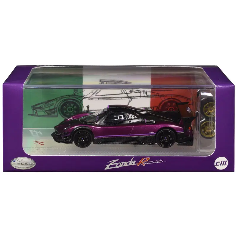 Pagani Zonda Revolucion Purple Metallic and Carbon with Extra Wheels 1/64 Diecast Model Car by CM Model