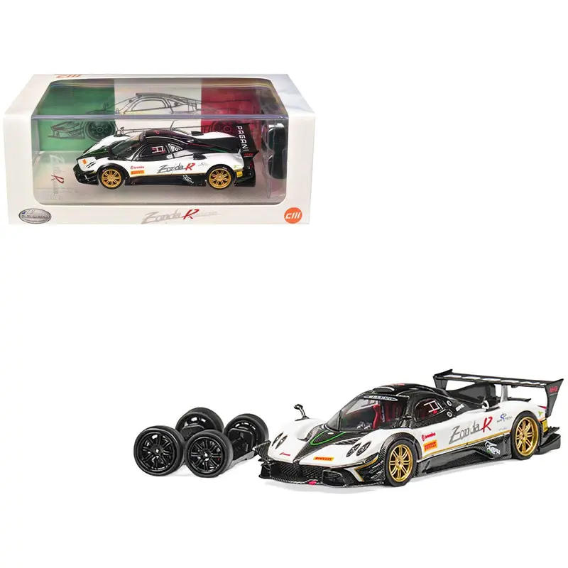 Pagani Zonda Revolucion White and Carbon with Extra Wheels 1/64 Diecast Model Car by CM Model