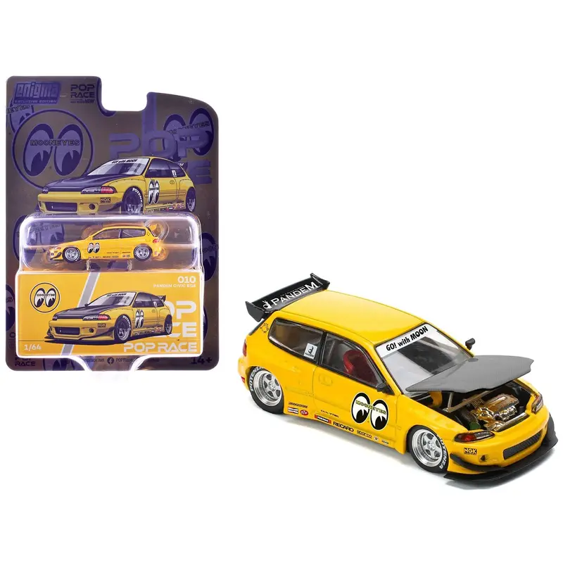 Pandem Civic EG6 RHD (Right Hand Drive) "Mooneyes" Yellow with Carbon Hood "Enigma Exclusive Edition" 1/64 Diecast Model Car by Pop Race
