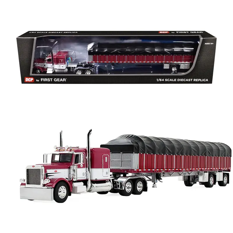 Peterbilt 352 COE 110" Sleeper and 53â€™ Wilson Roadbrute Flatbed Trailer with Covered Wagon White with Blue Stripes 1/64 Diecast Model by DCP/First Gear