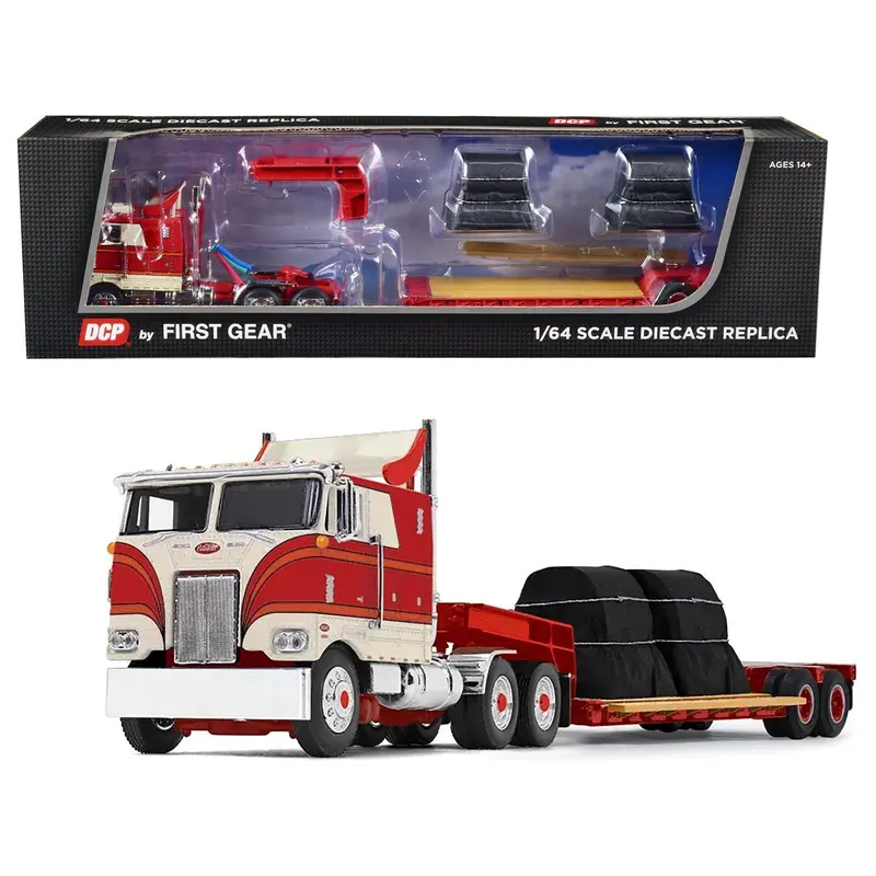 Peterbilt 352 COE 110" Sleeper with Turbo Wing and Rogers Vintage Lowboy Trailer with Coil Load Cream and Red 1/64 Diecast Model by DCP/First Gear