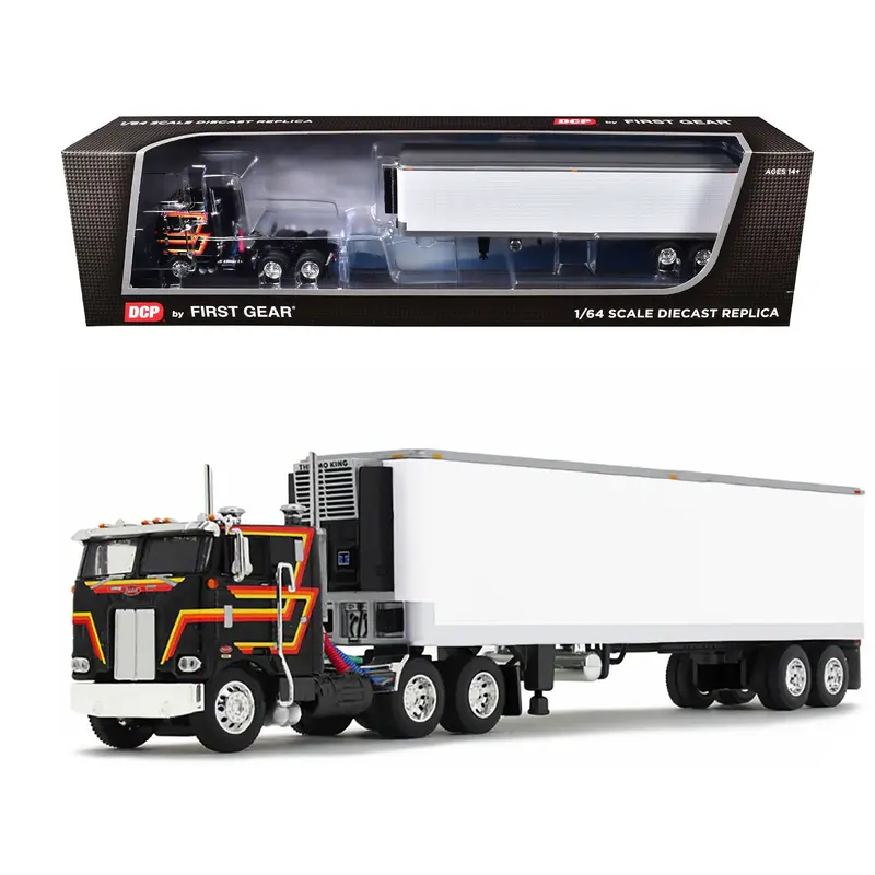 Peterbilt 352 COE 86" Sleeper and 40' Vintage Trailer with Reefer Black with Stripes 1/64 Diecast Model by DCP/First Gear