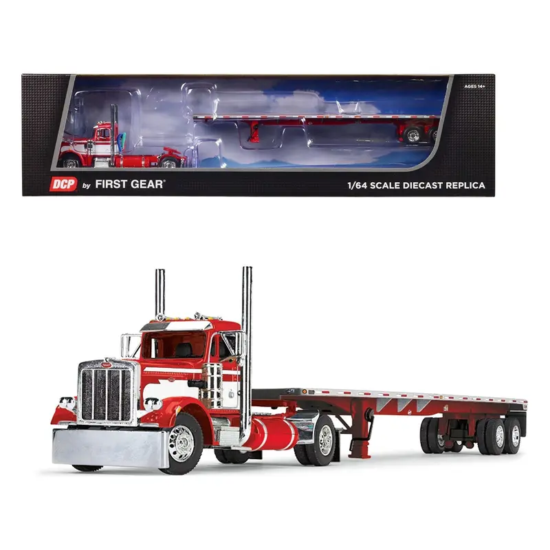 Peterbilt 359 Day Cab and 48' Utility Flatbed Trailer Red and White 1/64 Diecast Model by DCP/First Gear