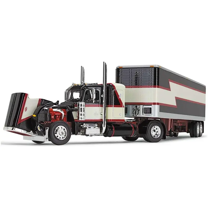 Peterbilt 359 with 36" Flat Top Sleeper and 40' Vintage Dry Goods Trailer Black with Cream and Red Stripes 1/64 Diecast Model by DCP/First Gear