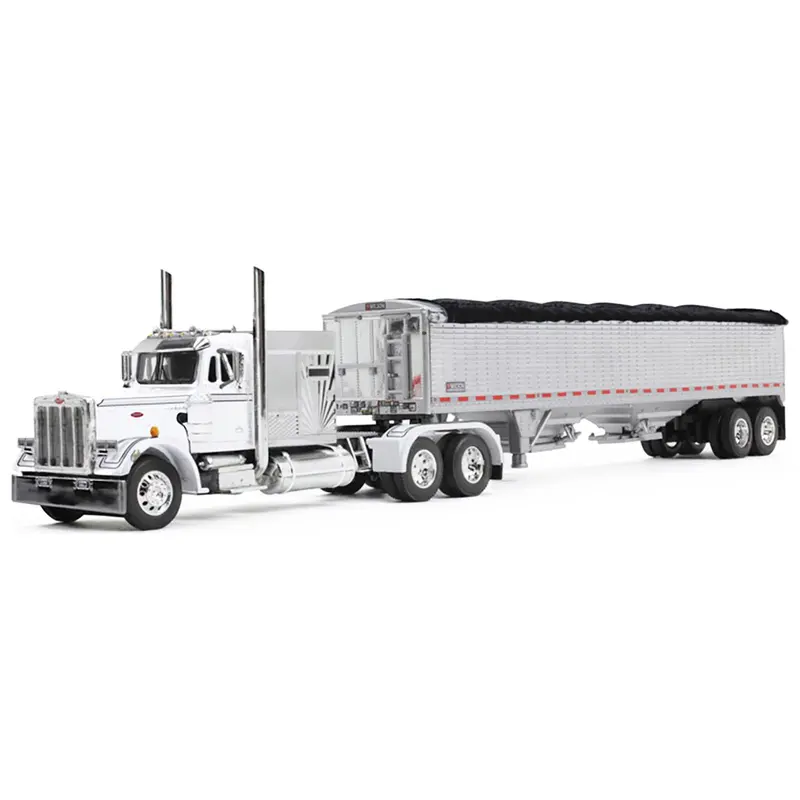 Peterbilt 359 with 60" Vintage Sleeper and 43' Wilson High Side Grain Trailer White and Chrome 1/64 Diecast Model by DCP/First Gear
