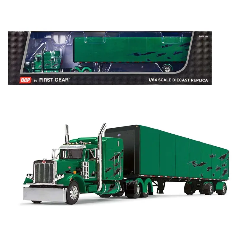 Peterbilt 359 with 63" Mid-Roof Sleeper and Utility Roll Tarp Trailer Green Metallic with Black Graphics 1/64 Diecast Model by DCP/First Gear