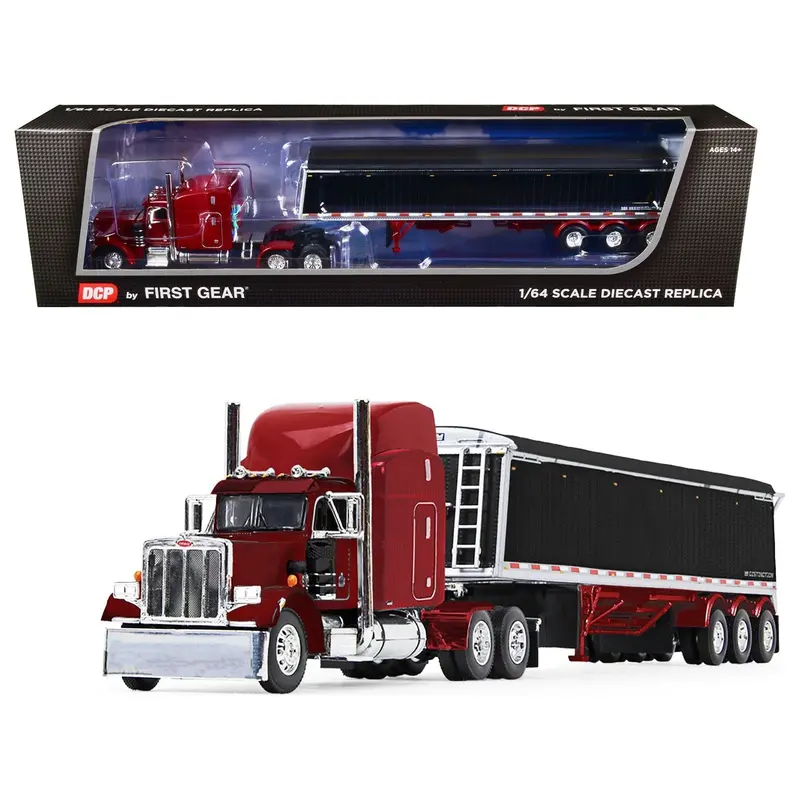 Peterbilt 359 with Mid-Roof Sleeper and Lode King Distinction Tri-Axle Hopper Trailer Spectra Red 1/64 Diecast Model by DCP/First Gear