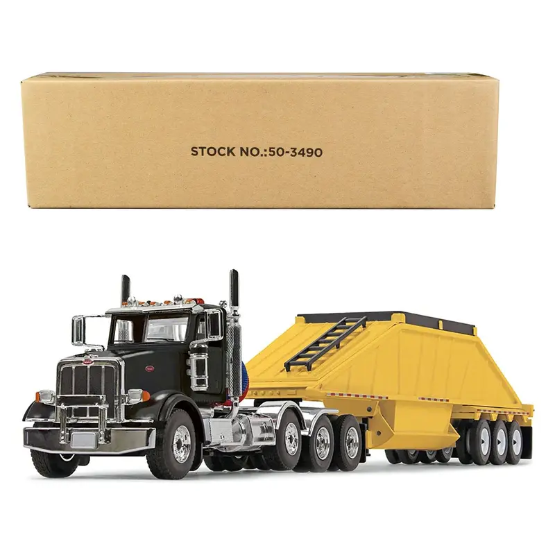 Peterbilt 367 Day Cab and Bottom Dump Trailer Black and Yellow 1/50 Diecast Model by First Gear