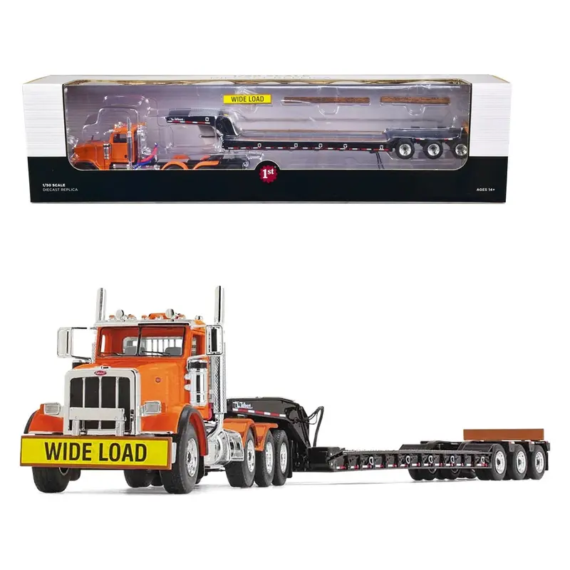 Peterbilt 367 Day Cab Bright Orange and Talbert 55SA Tri-Axle Lowboy Trailer Black 1/50 Diecast Model by First Gear
