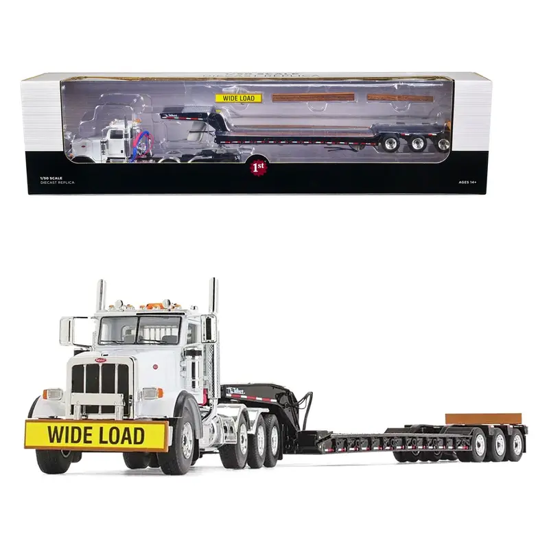 Peterbilt 367 Day Cab White and Talbert 55SA Tri-Axle Lowboy Trailer Black 1/50 Diecast Model by First Gear