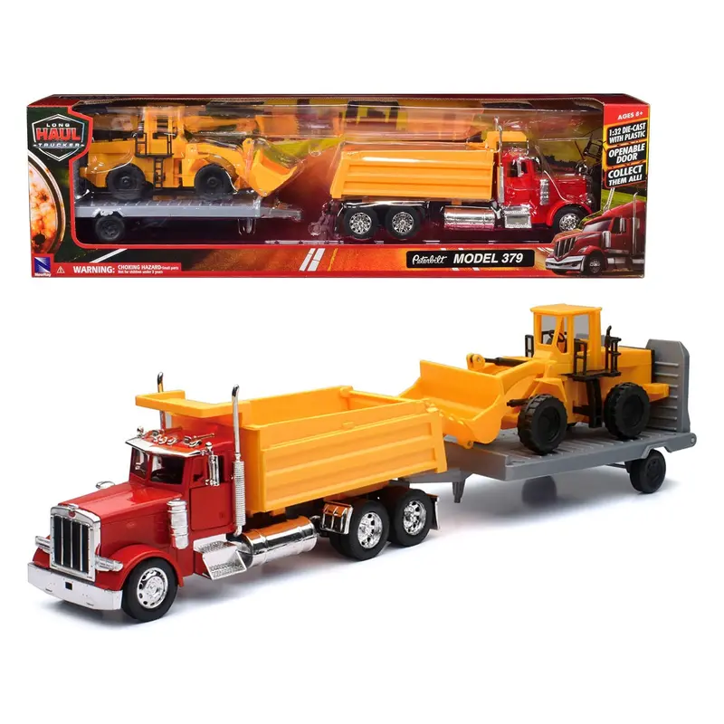 Peterbilt 379 Dump Truck Red and Wheel Loader Yellow with Flatbed Trailer "Long Haul Truckers" Series 1/32 Diecast Model by New Ray