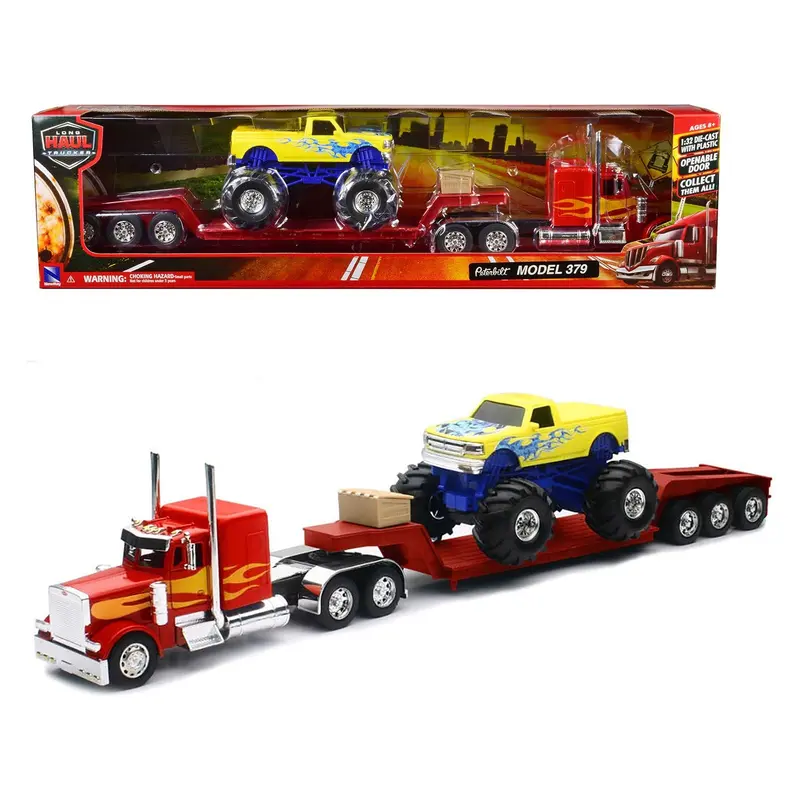 Peterbilt 379 Truck with Lowboy Trailer Red with Orange Flames and Monster Truck Yellow with Blue Flames "Long Haul Truckers" Series 1/32 Diecast Model by New Ray