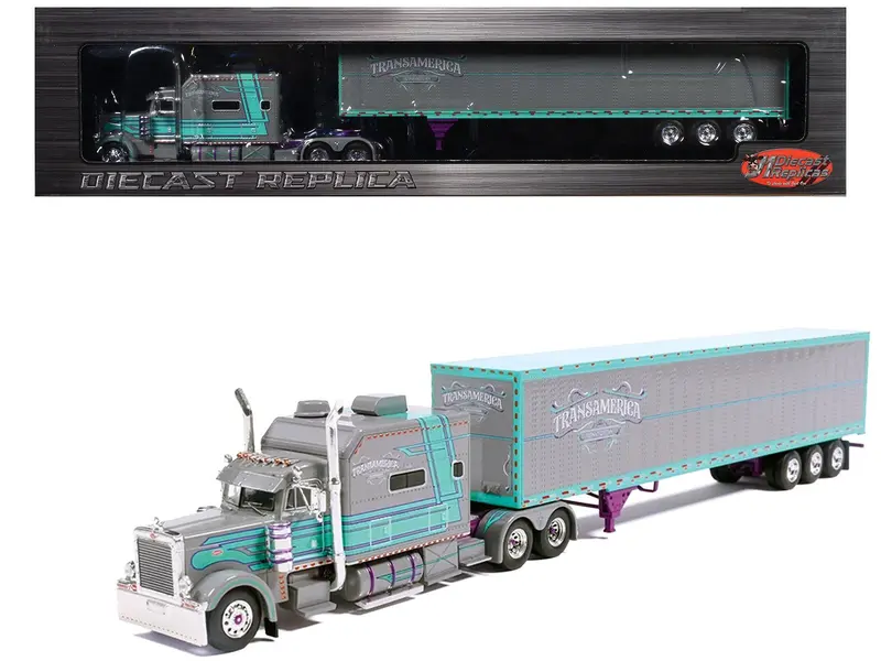 Peterbilt 379 Truck with Sleeper and Dry Goods Trailer "TransAmerica" Gray with Seafoam Green Graphics "J1 Diecast" Series 1/64 Diecast Model by IXO Models