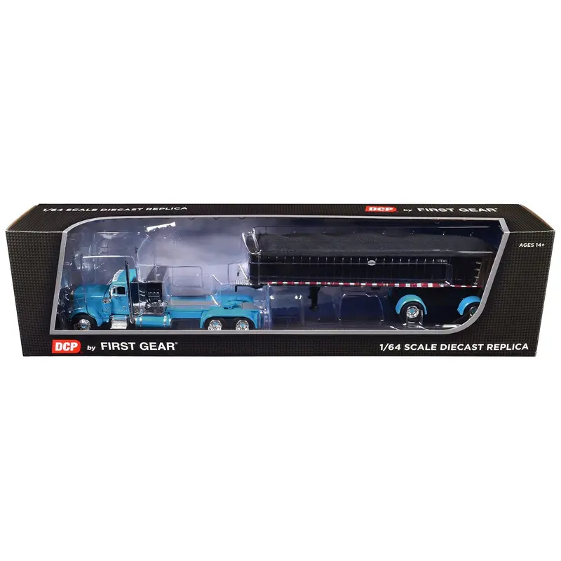 Peterbilt 379 with 60" Vintage Sleeper and MAC Coal End Dump Trailer Cyan Blue and Chrome 1/64 Diecast Model by DCP/First Gear