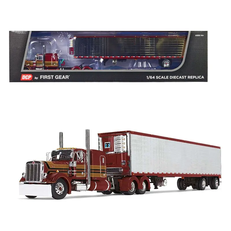 Peterbilt 379 with 63" Flat Top Sleeper and 53' Refrigerated Ribbed Sided Trailer Red Metallic with Stripes 1/64 Diecast Model by DCP/First Gear