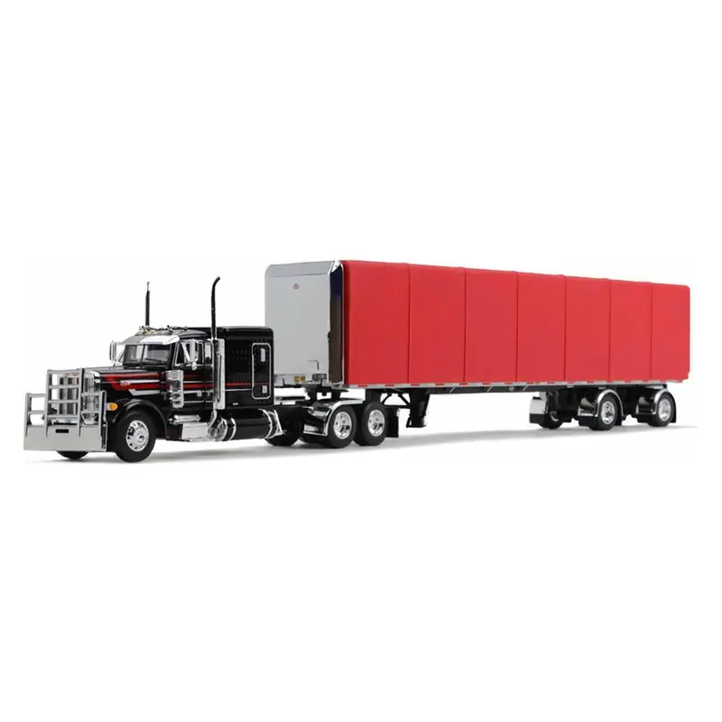 Peterbilt 379 with 63" Flat Top Sleeper and 53' Utility Roll Tarp Spread-Axle Trailer Black and Red 1/64 Diecast Model by DCP/First Gear60-1612