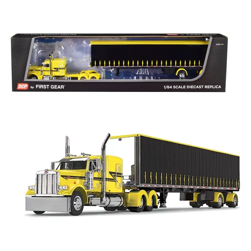 Peterbilt 379 with 63" Flat Top Sleeper and 53' Utility Tautliner Spread-Axle Trailer Yellow and Black 1/64 Diecast Model by DCP/First Gear