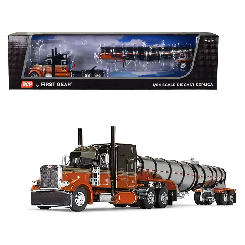 Peterbilt 379 with 63" Mid-Roof Sleeper and Polar Deep Drop Tank Trailer Burnt Orange and Black 1/64 Diecast Model by DCP/First Gear