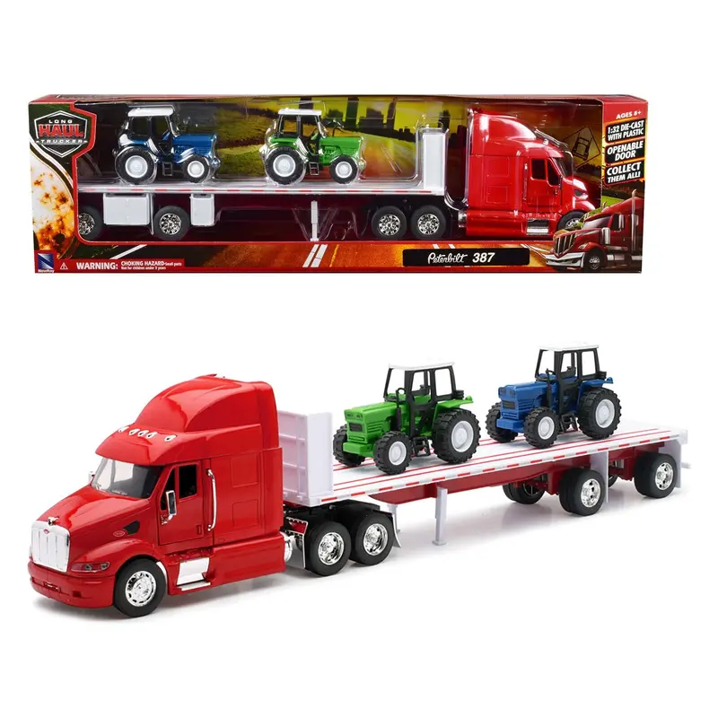 Peterbilt 387 Flatbed Truck Red with 2 Farm Tractors Blue and Green "Long Haul Trucker" Series 1/32 Diecast Model by New Ray