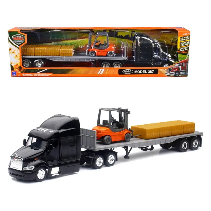 Peterbilt 387 Truck with Flatbed Trailer Black with Forklift and Hay Bales "Long Haul Trucker" Series 1/43 Diecast Model by New Ray