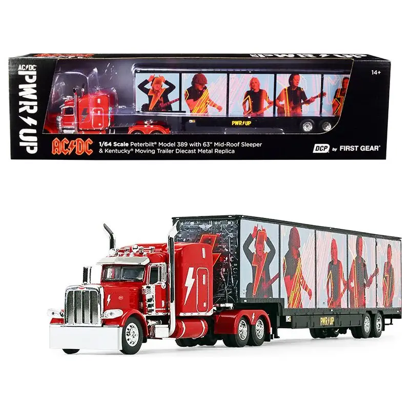 Peterbilt 389 63" Mid-Roof Sleeper Cab Viper Red with Kentucky Moving Trailer "AC/DC Power Up" 1/64 Diecast Model by DCP/First Gear