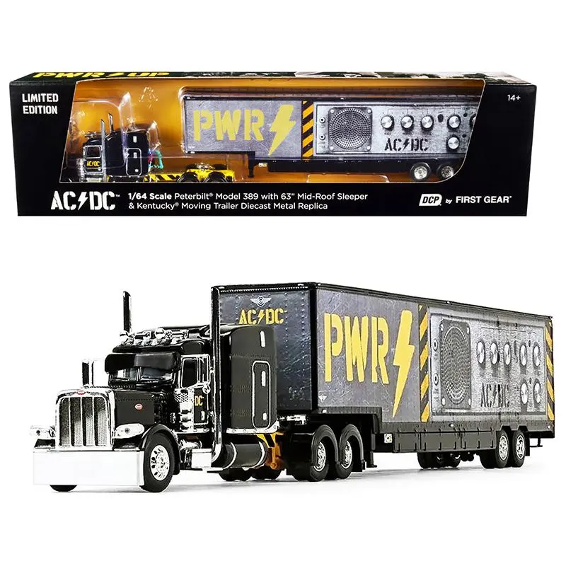 Peterbilt 389 63" Mid-Roof Sleeper Cab with Kentucky Moving Trailer "AC/DC Power Up" Black 1/64 Diecast Model by DCP/First Gear