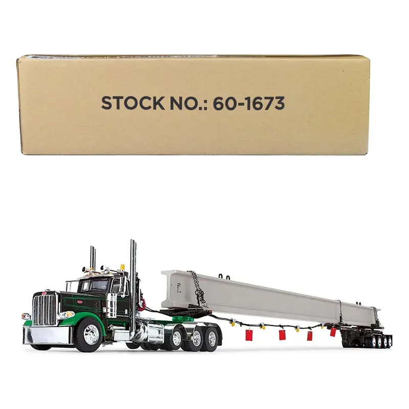 Peterbilt 389 Day Cab and ERMC 4-Axle Hydra-Steer Trailer with Bridge Beam Section Load Black and Green 1/64 Diecast Model by DCP/First Gear