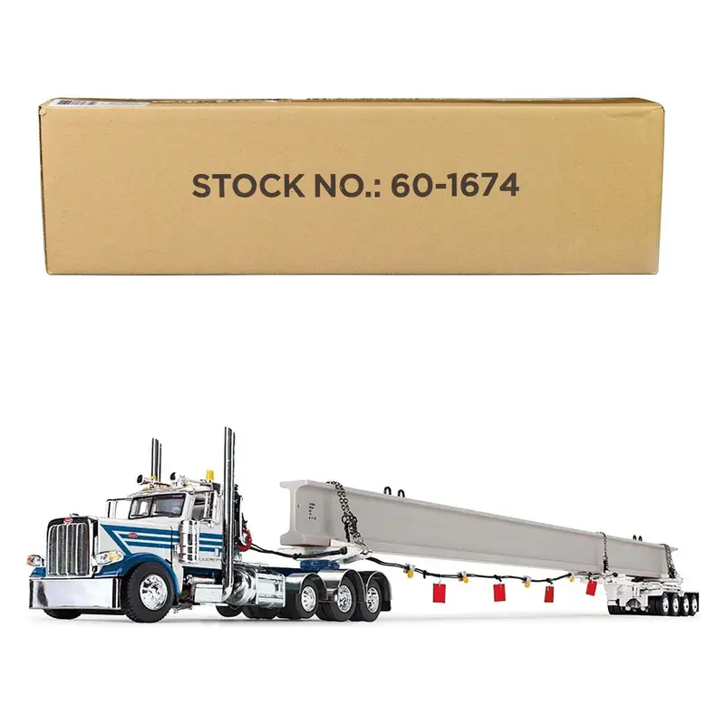 Peterbilt 389 Day Cab and ERMC 4-Axle Hydra-Steer Trailer with Bridge Beam Section Load White and Blue 1/64 Diecast Model by DCP/First Gear
