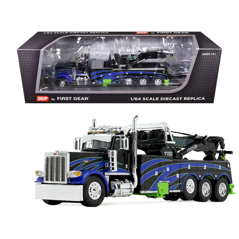Peterbilt 389 Day Cab with Miller Century 1150 Rotator Wrecker Tow Truck Black with Blue and Green Graphics 1/64 Diecast Model by DCP/First Gear