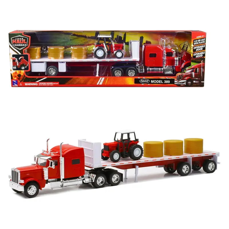 Peterbilt 389 Flatbed Truck Red with Farm Tractor Red and Hay Bales "Long Haul Trucker" Series 1/32 Diecast Model by New Ray