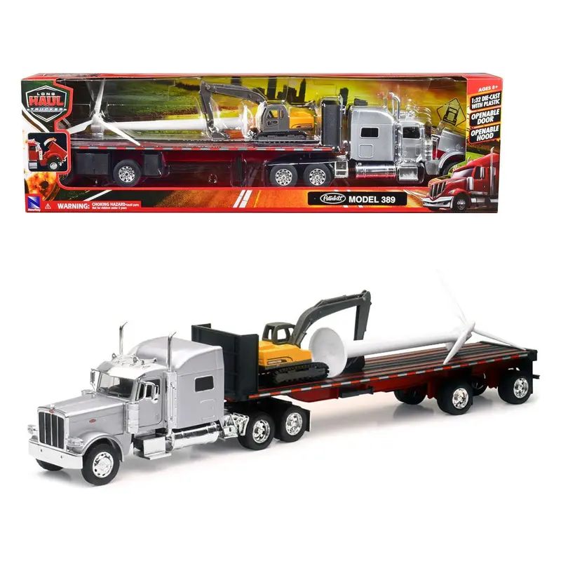 Peterbilt 389 Truck with Flatbed Trailer Silver Metallic with Excavator and Wind Turbine "Long Haul Truckers" Series 1/32 Diecast Model by New Ray