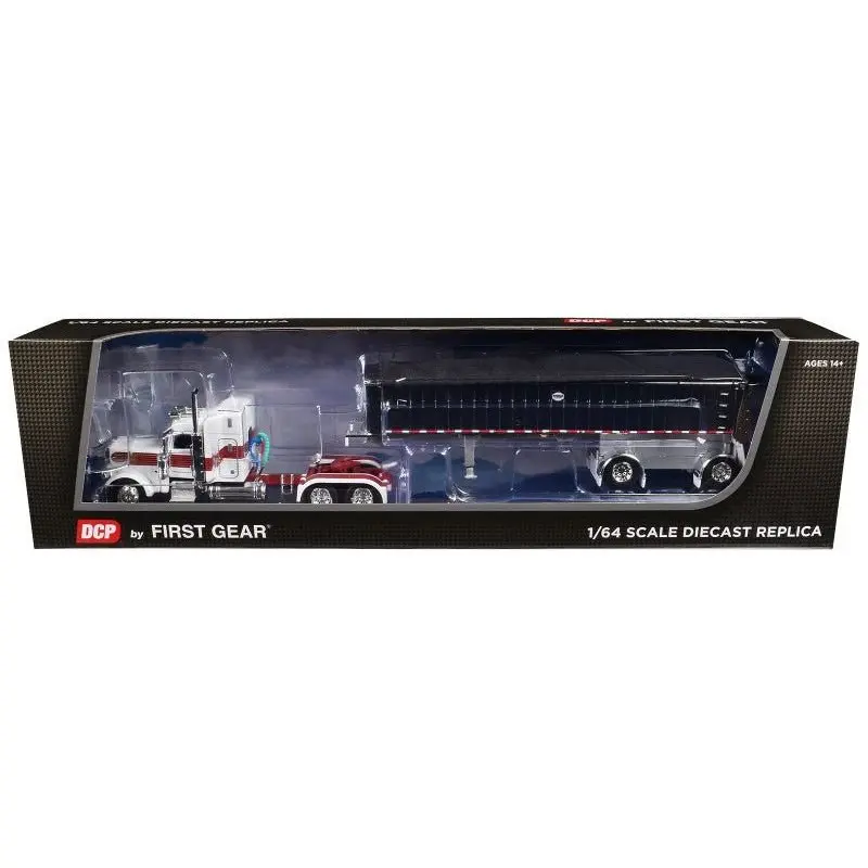 Peterbilt 389 with 48" Mid-Roof Sleeper and MAC Coal End Dump Trailer White with Red and Gold Stripes 1/64 Diecast Model by DCP/First Gear