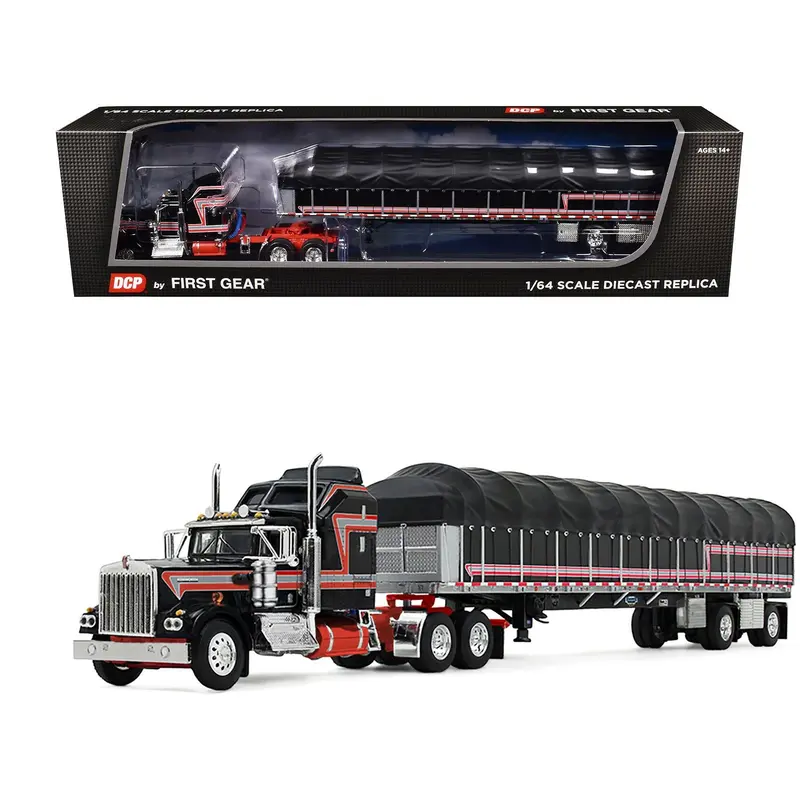 Peterbilt 389 with 63" Flat Top Sleeper and 53â€™ Wilson Roadbrute Flatbed Trailer with Covered Wagon Maroon with White Stripes 1/64 Diecast Model by DCP/First Gear