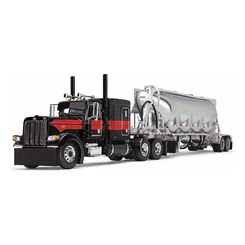 Peterbilt 389 with 63" Flat Top Sleeper and J&L Pneumatic Tank Trailer Black with Red Stripes 1/64 Diecast Model by DCP/First Gear