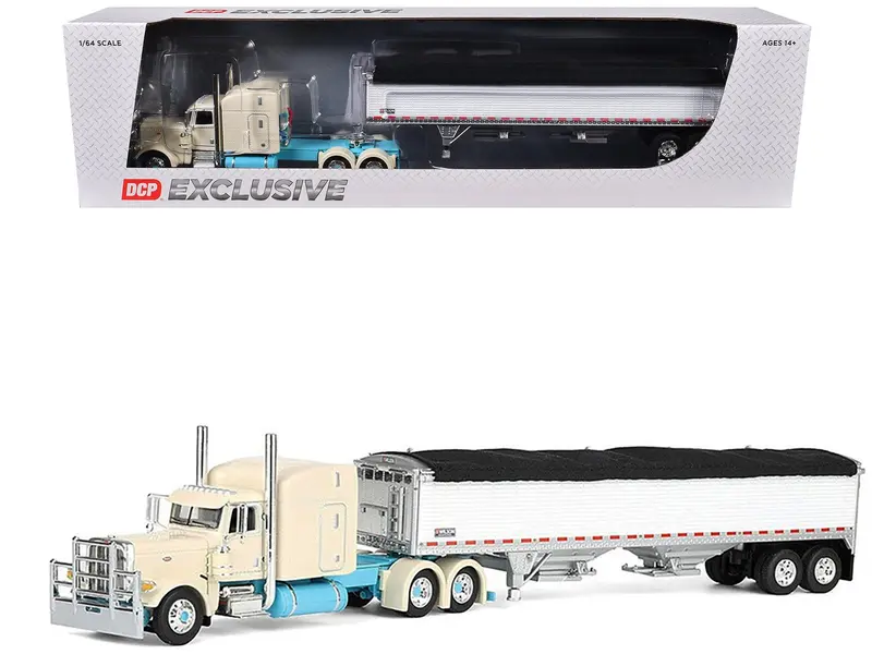 Peterbilt 389 with 63" Mid-Roof Sleeper and 43' Wilson Pacesetter High Sided Grain Trailer "Capitola Trucking" Cream 1/64 Diecast Model by DCP/First Gear
