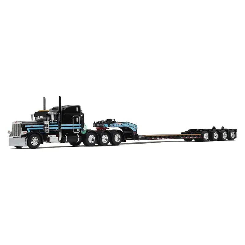 Peterbilt 389 with 63" Mid-Roof Sleeper and Fontaine Magnitude Lowboy Trailer with Flip Axle Black with Light Blue Stripes "Cappello Heavy Transport" 1/64 Diecast Model by DCP/First Gear