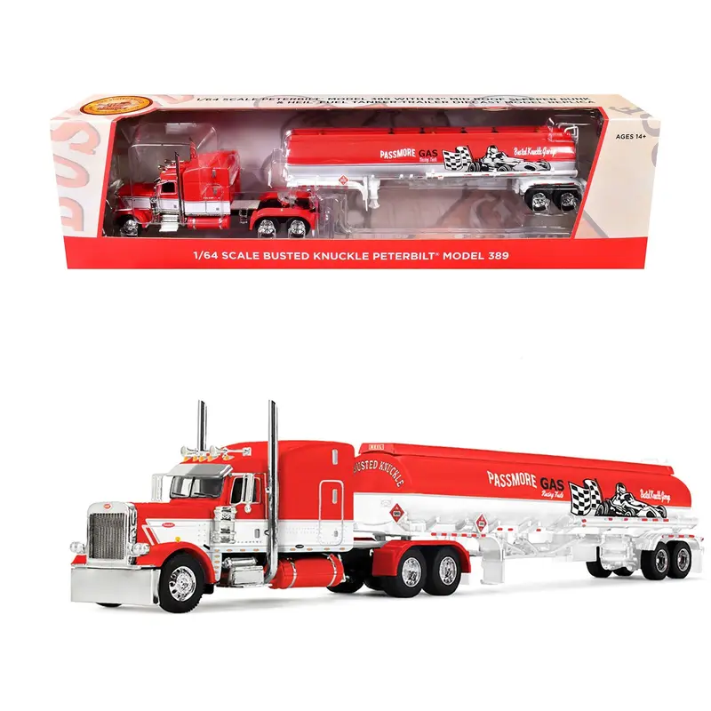 Peterbilt 389 with 63" Mid-Roof Sleeper and Heil Fuel Tank Trailer "Busted Knuckle Garage" Red and White 1/64 Diecast Model by DCP/First Gear