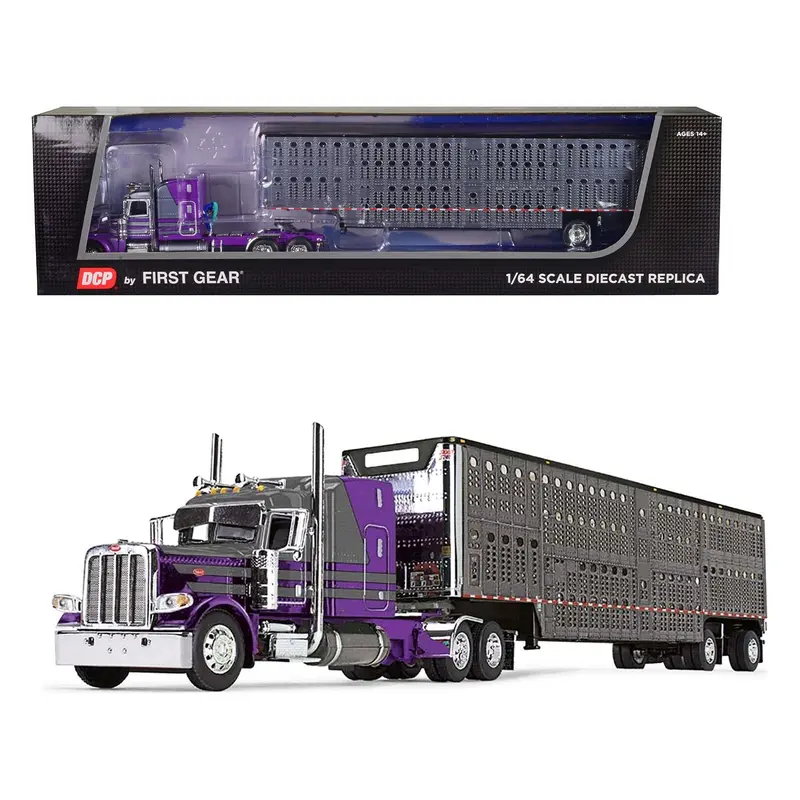 Peterbilt 389 with 63" Mid-Roof Sleeper and Wilson Silverstar Livestock Trailer Purple and Gunmetal Gray 1/64 Diecast Model by DCP/First Gear