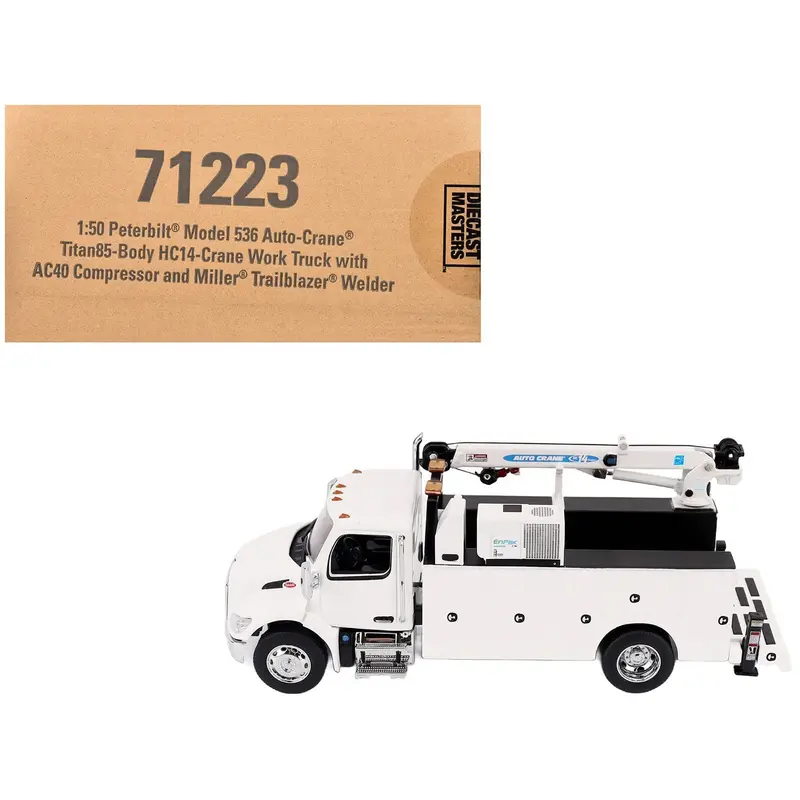 Peterbilt 536 Auto-Crane Titan 85-Body HC14-Crane Work Truck with Miller EnPak White "Transport Series" 1/50 Diecast Model by Diecast Masters