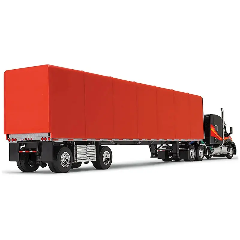 Peterbilt 579 with 72" Mid-Roof Sleeper and 53' Utility RollTarp Trailer Black and Red 1/64 Diecast Model by DCP/First Gear