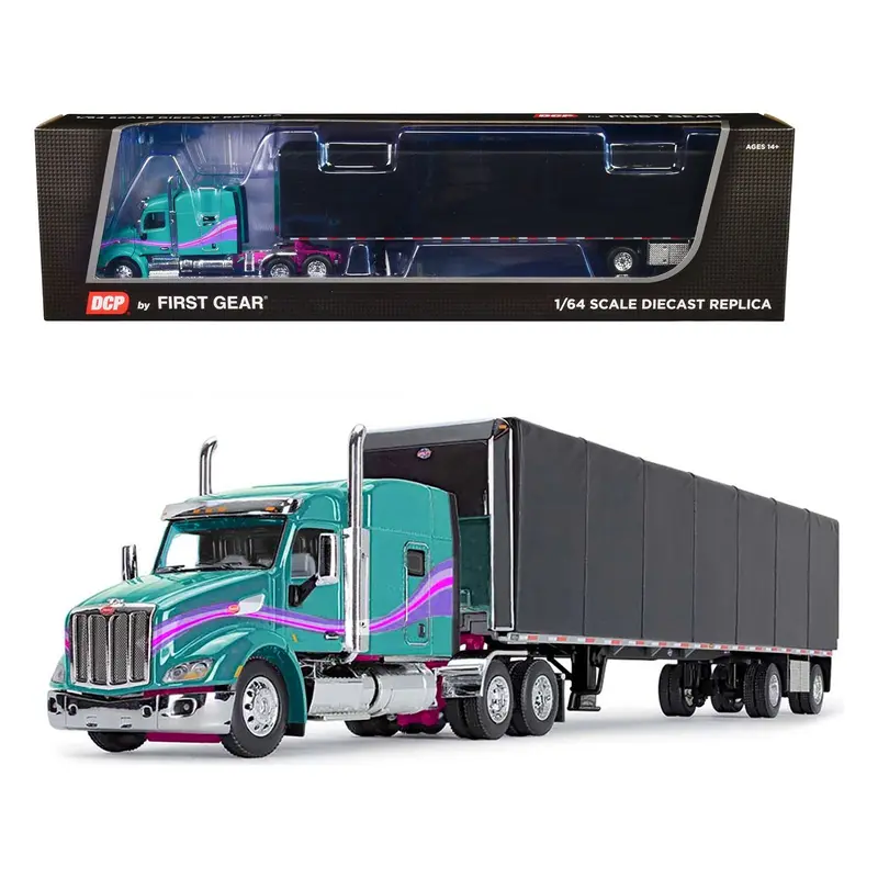 Peterbilt 579 with 72" Mid-Roof Sleeper and 53' Utility RollTarp Trailer Teal and Black with Purple Stripes 1/64 Diecast Model by DCP/First Gear
