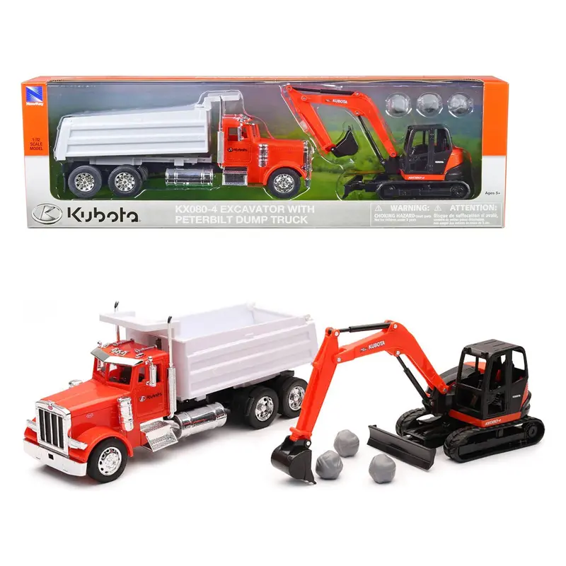 Peterbilt Dump Truck Orange and White and Kubota KX080-4 Excavator Orange and Black with Rocks 1/32 Diecast Model by New Ray