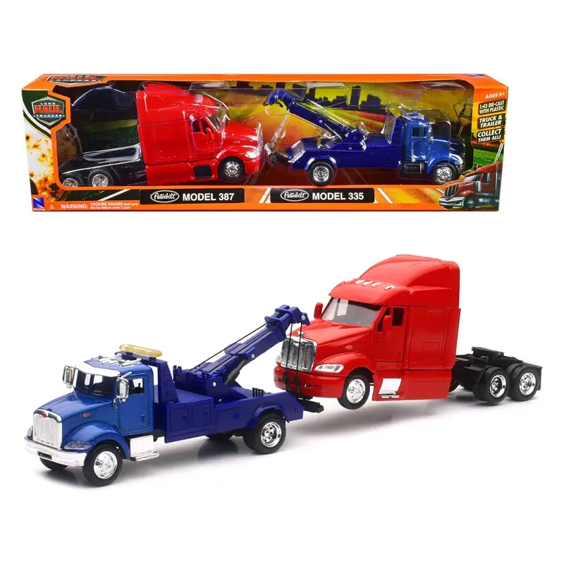 Peterbilt Model 335 Tow Truck Blue and Peterbilt Model 387 Cab Red Set of 2 Pieces 1/43 by New Ray