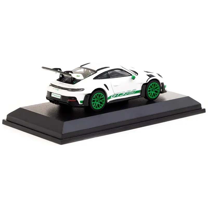 Porsche 911 (992) GT3 RS White with Green Stripes and Wheels Limited Edition to 999 pieces Worldwide 1/64 Diecast Model Car by Minichamps and Tarmac Works