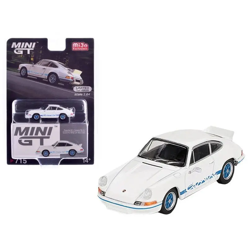 Porsche 911 Carrera RS 2.7 Grand Prix White with Blue Stripes and Wheels Limited Edition to 4800 pieces Worldwide 1/64 Diecast Model Car by Mini GT
