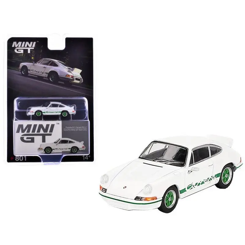 Porsche 911 Carrera RS 2.7 Grand Prix White with Green Stripes and Wheels Limited Edition 1/64 Diecast Model Car by Mini GT