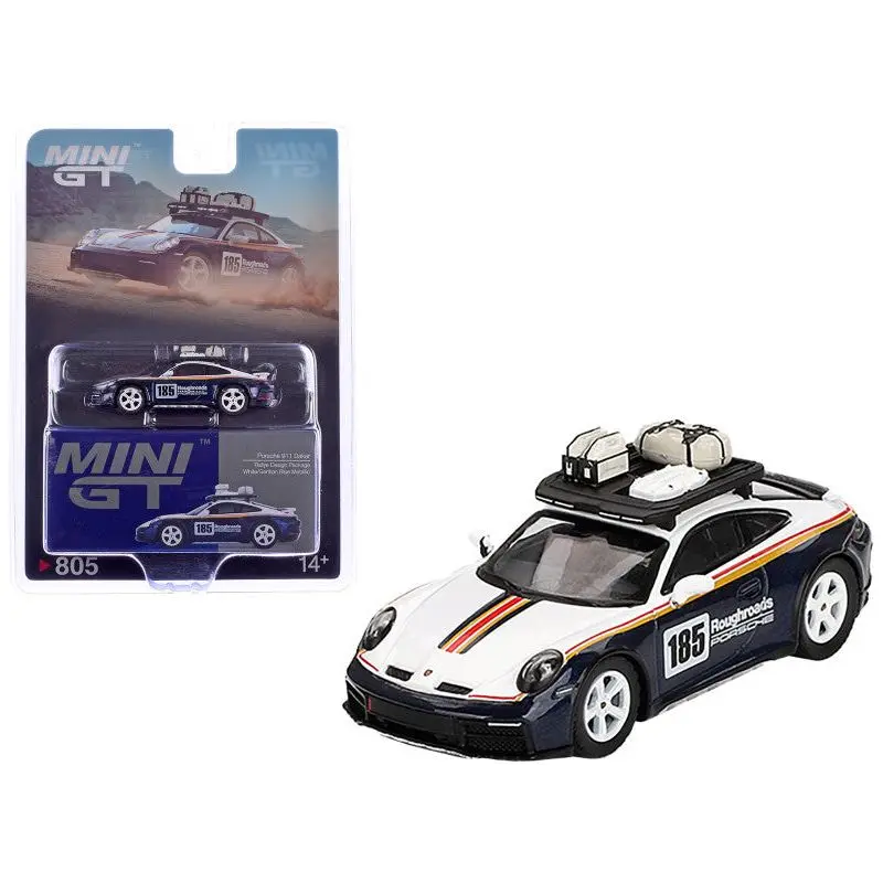 Porsche 911 Dakar Rallye Design Package #185 "Roughroads Porsche" White and Gentian Blue Metallic with Roofrack and Luggage Limited Edition 1/64 Diecast Model Car by Mini GT